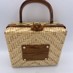 Vintage Lesco Luna Wicker Handbag Hong Kong Tortoise Resin Lucite Purse Brass